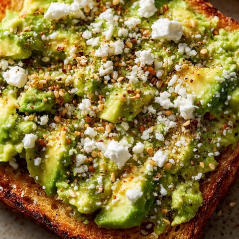 Toast with avocado and feta cheese.