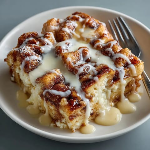 A cinnamon roll bread pudding with a fork on a plate.