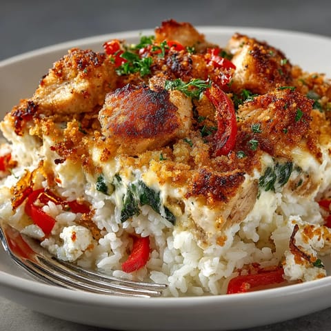 A plate of food with rice, chicken, and feta cheese.