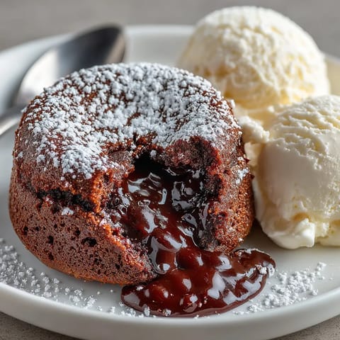 A chocolate lava cake with a scoop of ice cream on top.