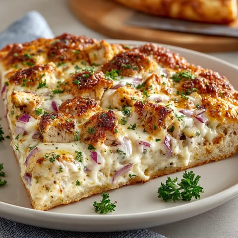 A slice of garlic alfredo chicken pizza.
