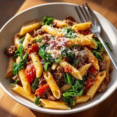 A bowl of pasta with ground beef and spinach.