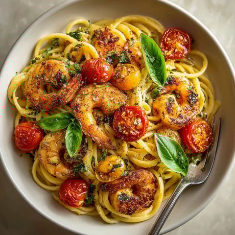 A bowl of pasta with shrimp, tomatoes, and basil.