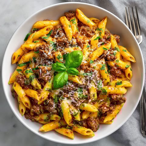 A bowl of pasta with meat and cheese.