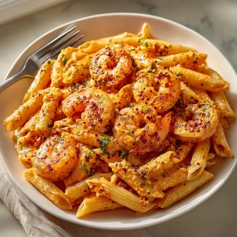 A plate of shrimp pasta with a fork on it.