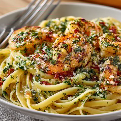 A plate of shrimp and pasta.