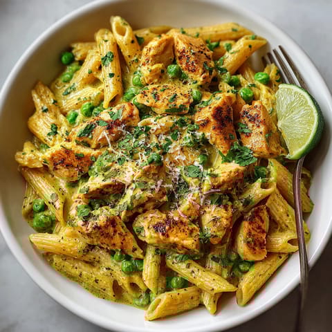 A bowl of pasta with chicken and peas.