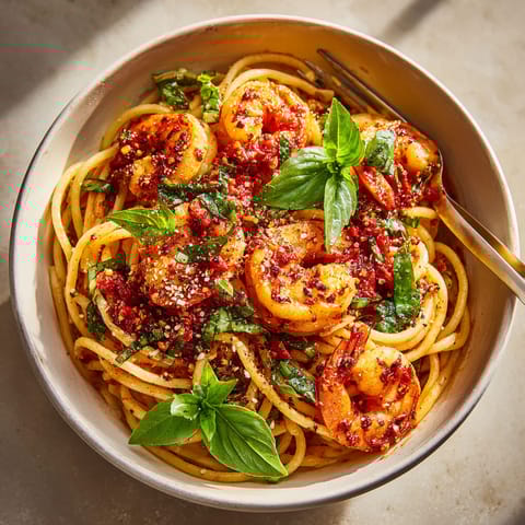A bowl of pasta with shrimp and spinach.