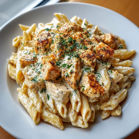 A plate of pasta with chicken and cheese.