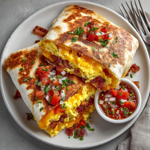 A breakfast burrito with cheese and tomatoes.