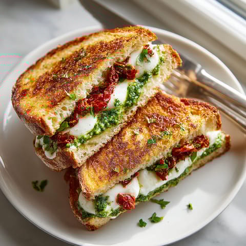 A sandwich with white cheese and red peppers.