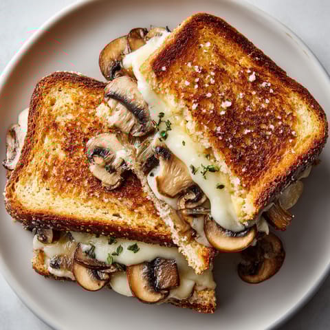 A grilled cheese sandwich with mushrooms and garlic butter.