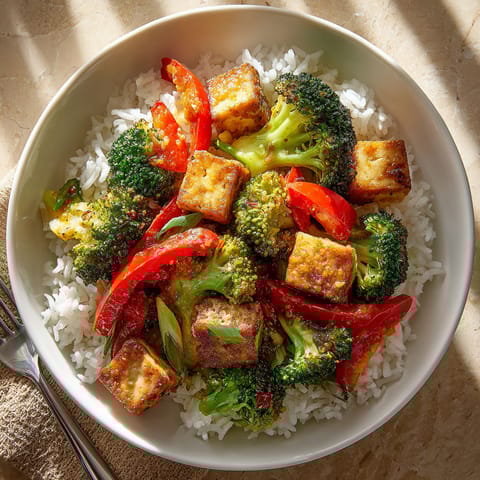 A bowl of food with rice, broccoli, and peppers.