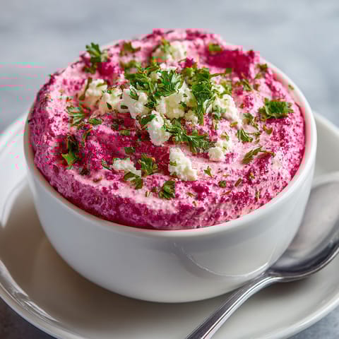 A bowl of beet and feta dip.