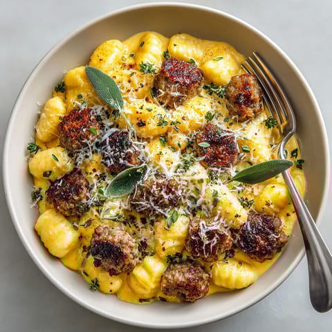 A bowl of creamy butternut squash gnocchi with Italian sausage.