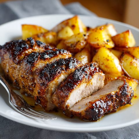 A plate of meat with a maple dijon glaze and roasted apples.