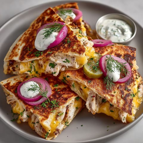 A plate of pickle-brined chicken quesadillas with tangy dill sauce.