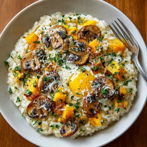 A bowl of rice with mushrooms and cheese.