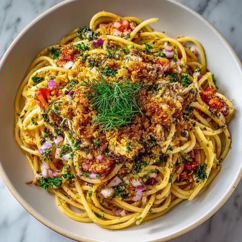 A bowl of pasta with tomatoes, onions, and herbs.
