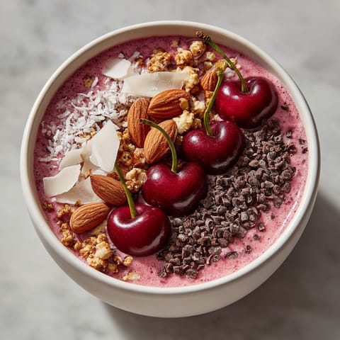 A bowl of food with cherries and almonds.