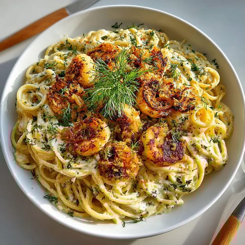 A bowl of pasta with shrimp and garlic.
