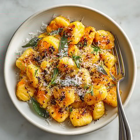 A bowl of gnocchi with sage and pumpkin.