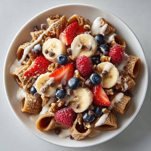 A bowl of food with bananas, strawberries, and blueberries.