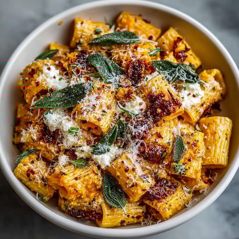 A bowl of pasta with cheese and herbs.