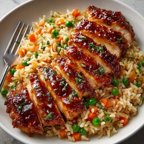 Honey BBQ Chicken &amp; Pilaf Express plated with golden rice, peas, and carrots, garnished attractively.