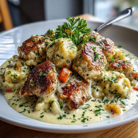 Creamy Southern Chicken &amp; Dumpling Comfort Skillet served hot, garnished with fresh parsley and tender vegetables.