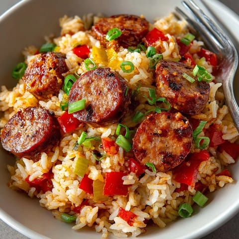 Hearty Smoky Sausage Jambalaya Express served hot, vibrant rice mixed with sliced sausage and veggies.