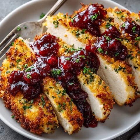 Golden-brown crusted turkey fillets topped with tangy quick cranberry sauce, ready for serving.