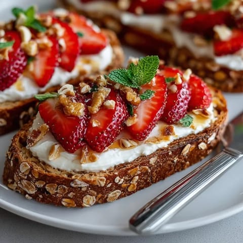 Close-up of creamy ricotta strawberry toasts with nut crunch, drizzled with golden honey.