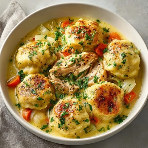 Close-up of fluffy dumplings atop savory Southern Chicken &amp; Dumpling Comfort Skillet for dinner.