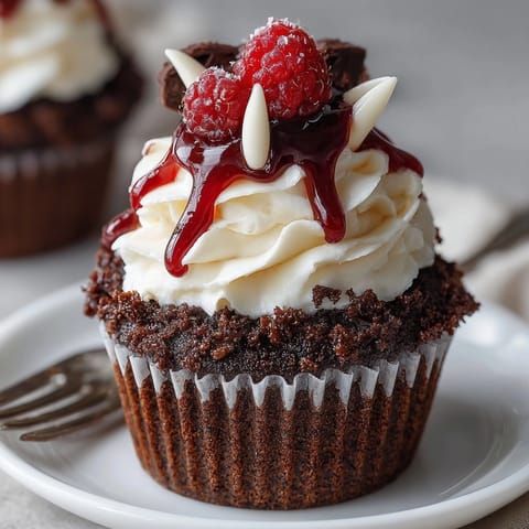 Gothic Bloody Vampire Bite Cupcakes frosted and gory, decadent Halloween dessert image.