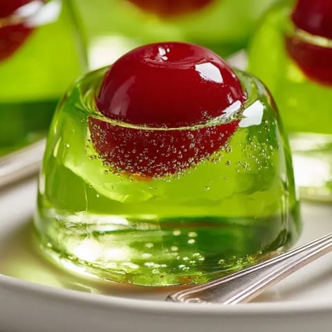 Festive Zombie Brain Gelatin Shots: tart lime flavor with a sweet, bloody cherry core.