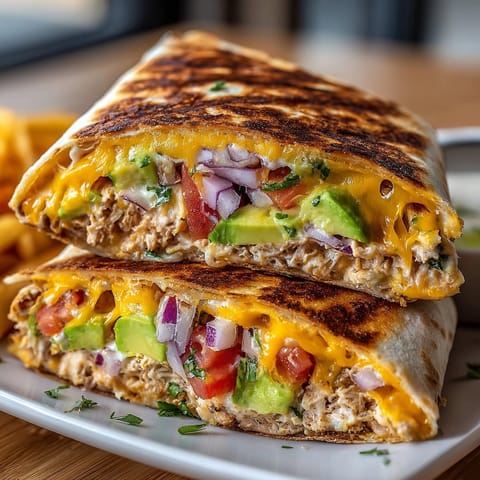 Close up of a TikTok Tuna Melt Wrap showing crispy, buttery tortilla layers.