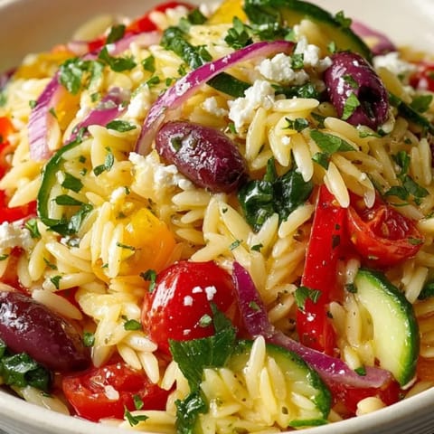 Close-up of a fresh Mediterranean Orzo Bowl: creamy feta, herbaceous orzo, bright tomatoes.