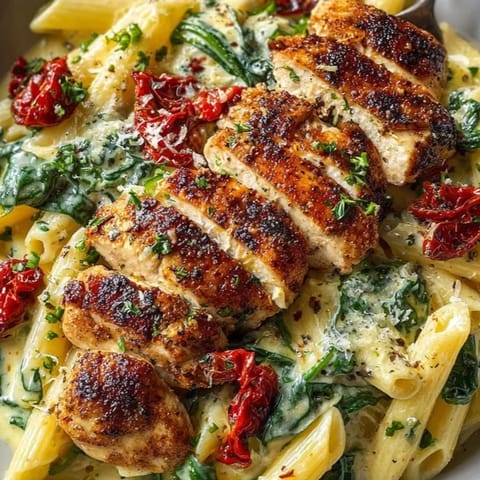 A bowl of Creamy Tuscan Chicken Pasta, garnished with fresh basil, ready to eat.