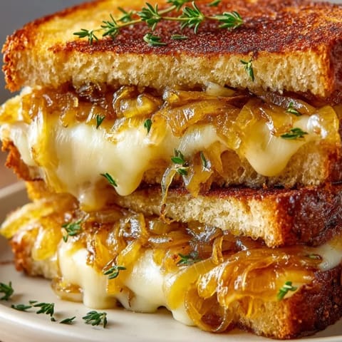 Melty French Onion Grilled Cheese: Sourdough, savory onions, bubbling Gruyère, ready to eat.