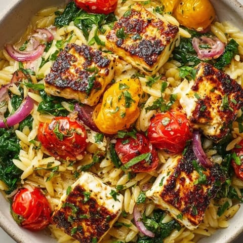 Creamy Baked Feta Orzo with Spinach, a warm Mediterranean pasta bake garnished with fresh basil.