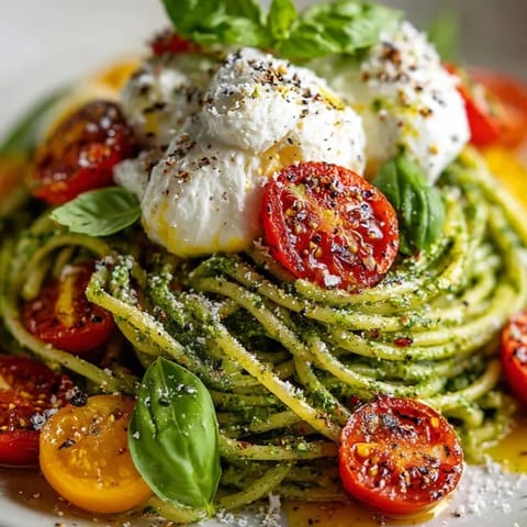 Overhead view of Pesto Pasta with Burrata: al dente spaghetti tossed in vibrant green pesto.