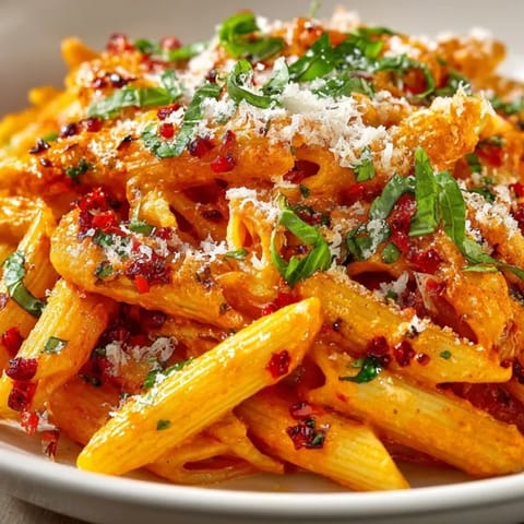 Gigi Hadid Spicy Vodka Pasta: Penne swirled in a rich, orange-hued, creamy tomato sauce.