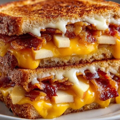 Crispy bacon and melted cheddar fill this Apple Cheddar Bacon Grilled Cheese sandwich.