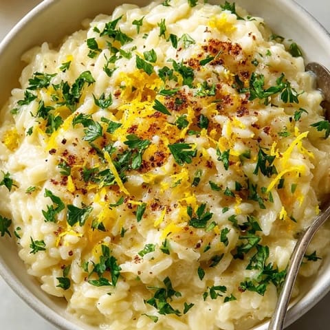 Close-up of rich Orzo Risotto Style with Parmesan; a vegetarian Italian comfort food.