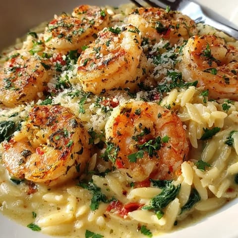 A close-up shot of Creamy Lemon Orzo and Shrimp, garnished with fresh parsley.