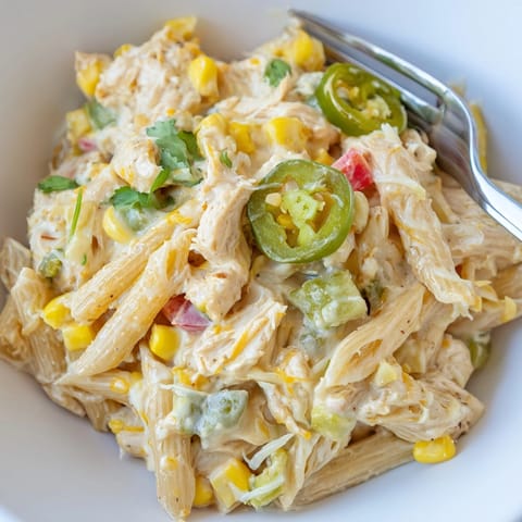 Spoonful of cheesy White Chicken Chili Pasta pulls, showing texture of chicken and beans.