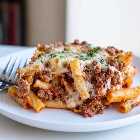 A delicious Baked Ziti with Meat Sauce topped with melted mozzarella and garnished with parsley.  