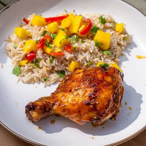 Spicy jerk chicken served with sweet mango rice, perfect for a summer meal.  