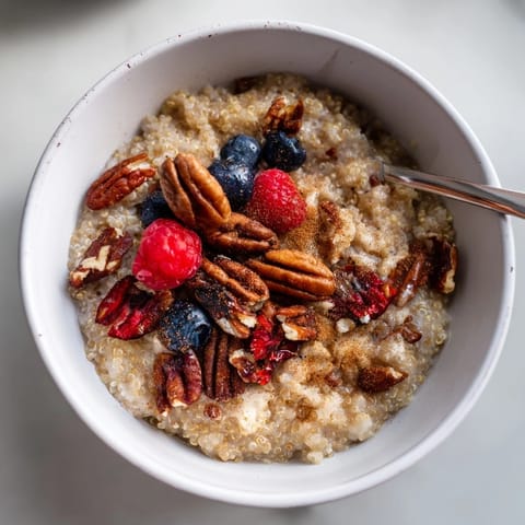 Warm quinoa breakfast bowl drizzled with rich maple syrup and cinnamon goodness.  